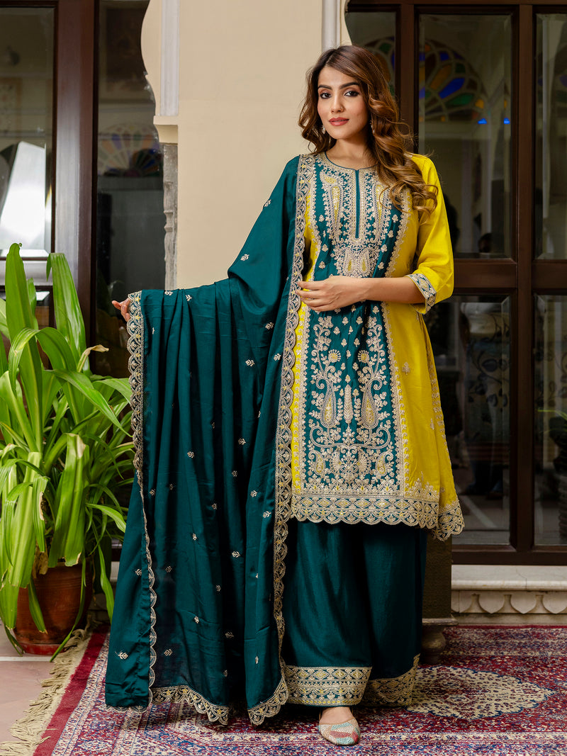 Women's Art Silk Sequins Embroidery Salwar Suit Set Kurta Sharara with Dupatta Kurta Palazzo Set