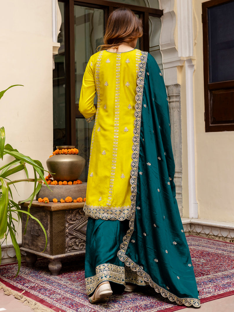 Women's Art Silk Sequins Embroidery Salwar Suit Set Kurta Sharara with Dupatta Kurta Palazzo Set