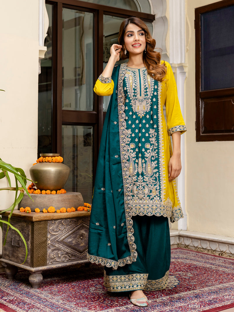 Women's Art Silk Sequins Embroidery Salwar Suit Set Kurta Sharara with Dupatta Kurta Palazzo Set