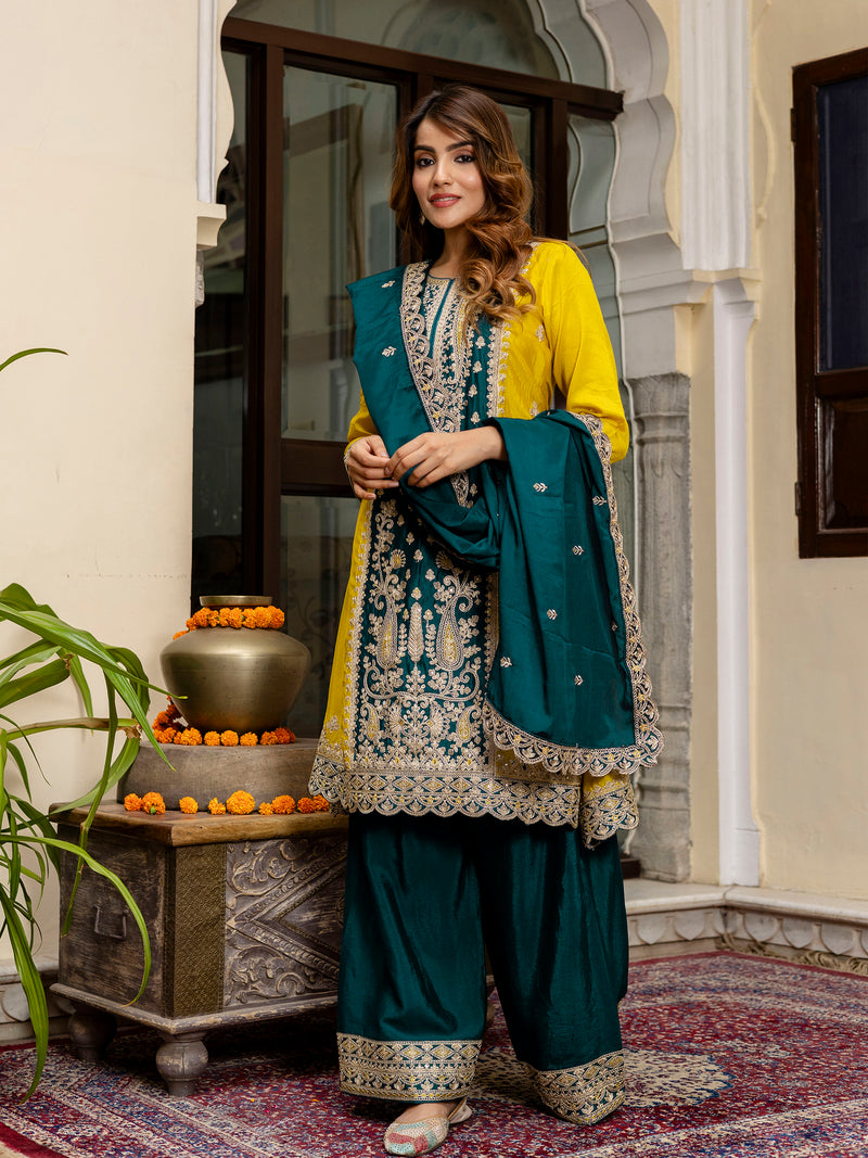Women's Art Silk Sequins Embroidery Salwar Suit Set Kurta Sharara with Dupatta Kurta Palazzo Set
