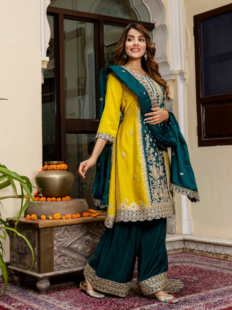 Women's Art Silk Sequins Embroidery Salwar Suit Set Kurta Sharara with Dupatta Kurta Palazzo Set