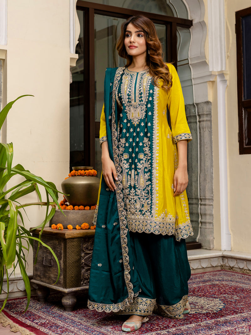 Women's Art Silk Sequins Embroidery Salwar Suit Set Kurta Sharara with Dupatta Kurta Palazzo Set