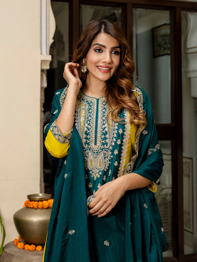 Women's Art Silk Sequins Embroidery Salwar Suit Set Kurta Sharara with Dupatta Kurta Palazzo Set