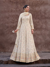Offwhite Georgette Embroidery Sequence work Anarkali Kurta Pant Set with Dupatta for Women