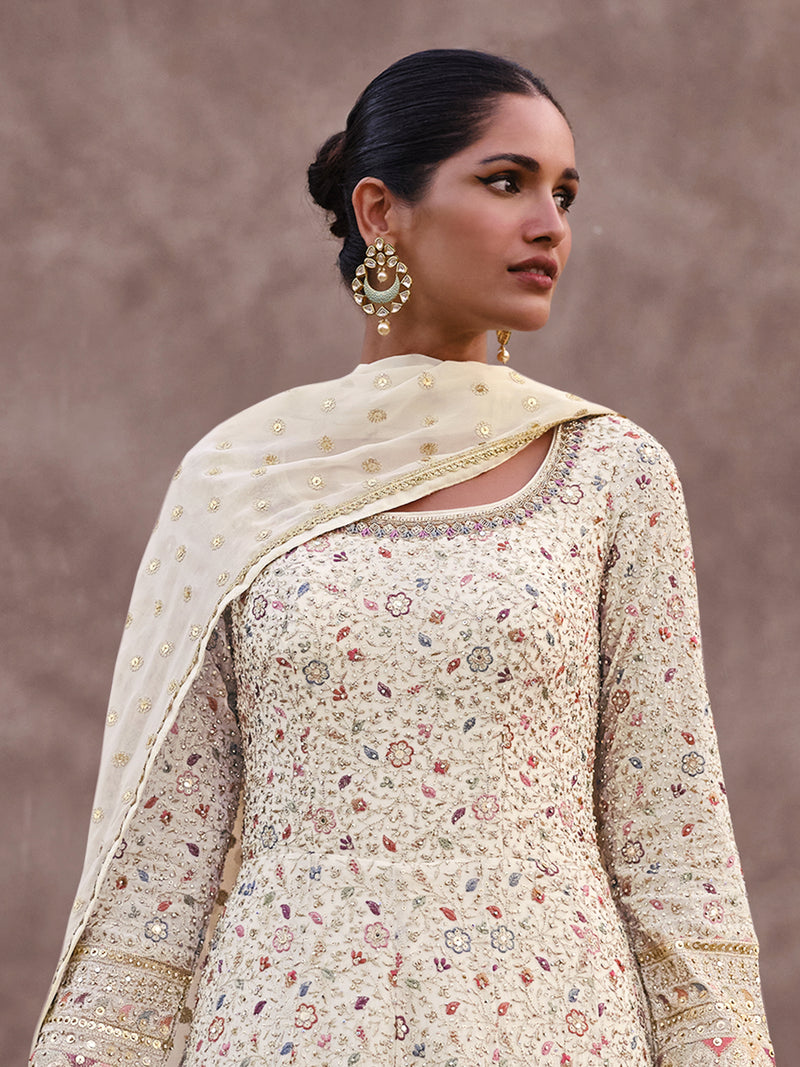 Offwhite Georgette Embroidery Sequence work Anarkali Kurta Pant Set with Dupatta for Women