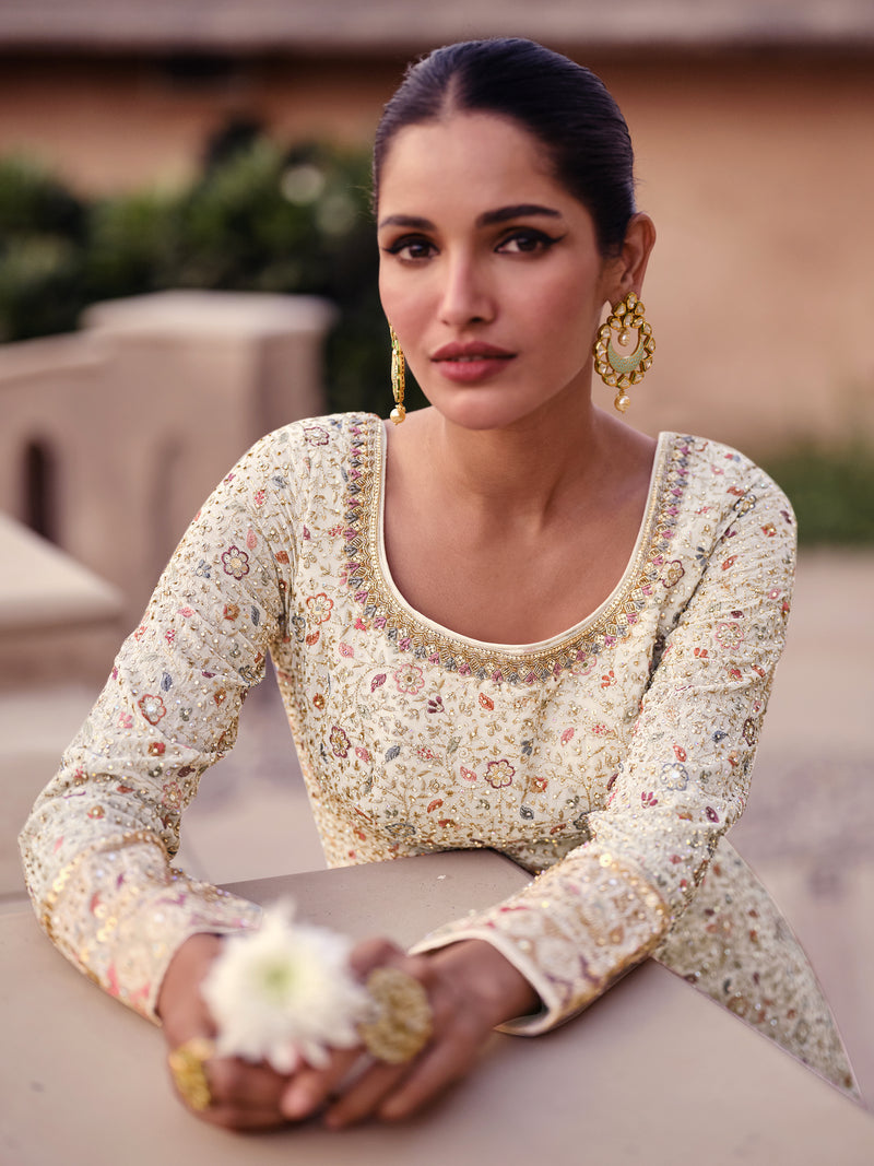 Offwhite Georgette Embroidery Sequence work Anarkali Kurta Pant Set with Dupatta for Women
