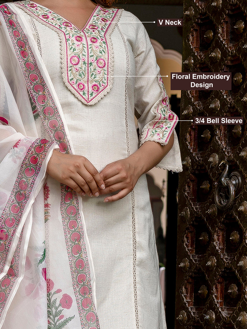 White Cotton Embroidery Salwar Suit with Dupatta Set For Women's