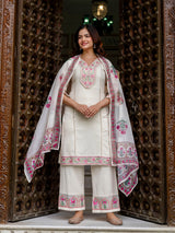 White Cotton Embroidery Salwar Suit with Dupatta Set For Women's