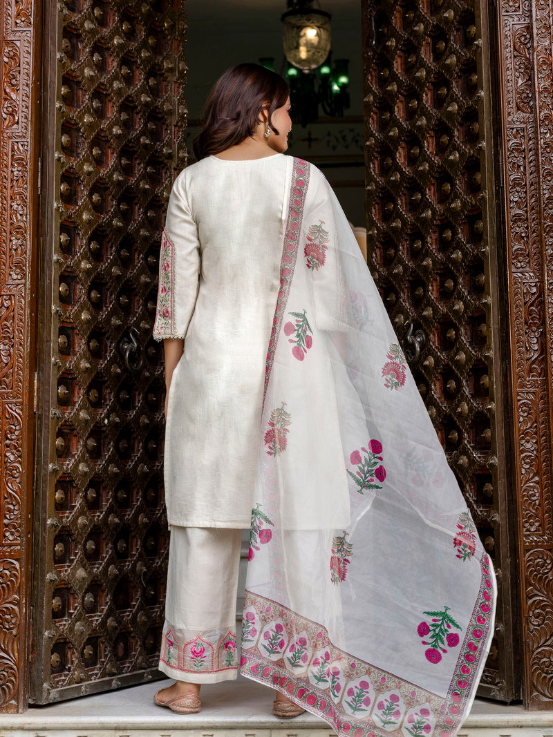 White Cotton Embroidery Salwar Suit with Dupatta Set For Women's