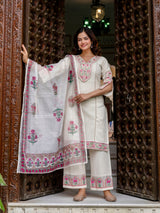 White Cotton Embroidery Salwar Suit with Dupatta Set For Women's