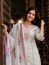 White Cotton Embroidery Salwar Suit with Dupatta Set For Women's
