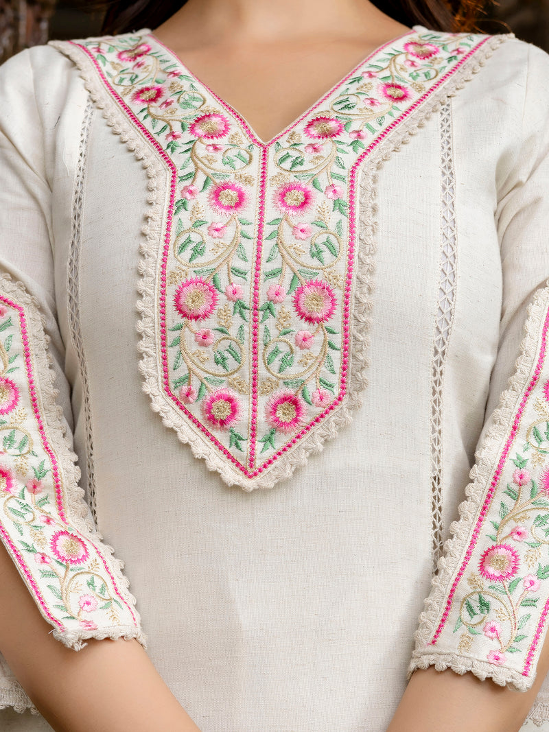 White Cotton Embroidery Salwar Suit with Dupatta Set For Women's