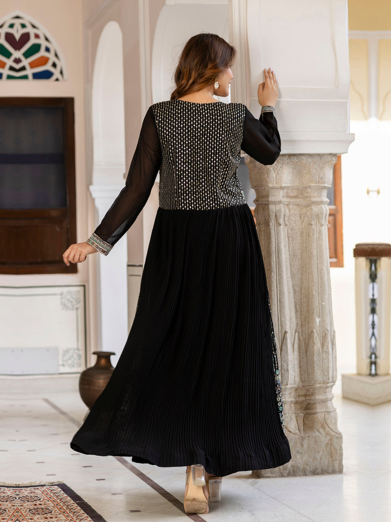 Black Georgette Sequin Embroidery Anarkali Salwar Suit Set for Women's