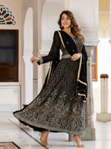 Black Georgette Sequin Embroidery Anarkali Salwar Suit Set for Women's