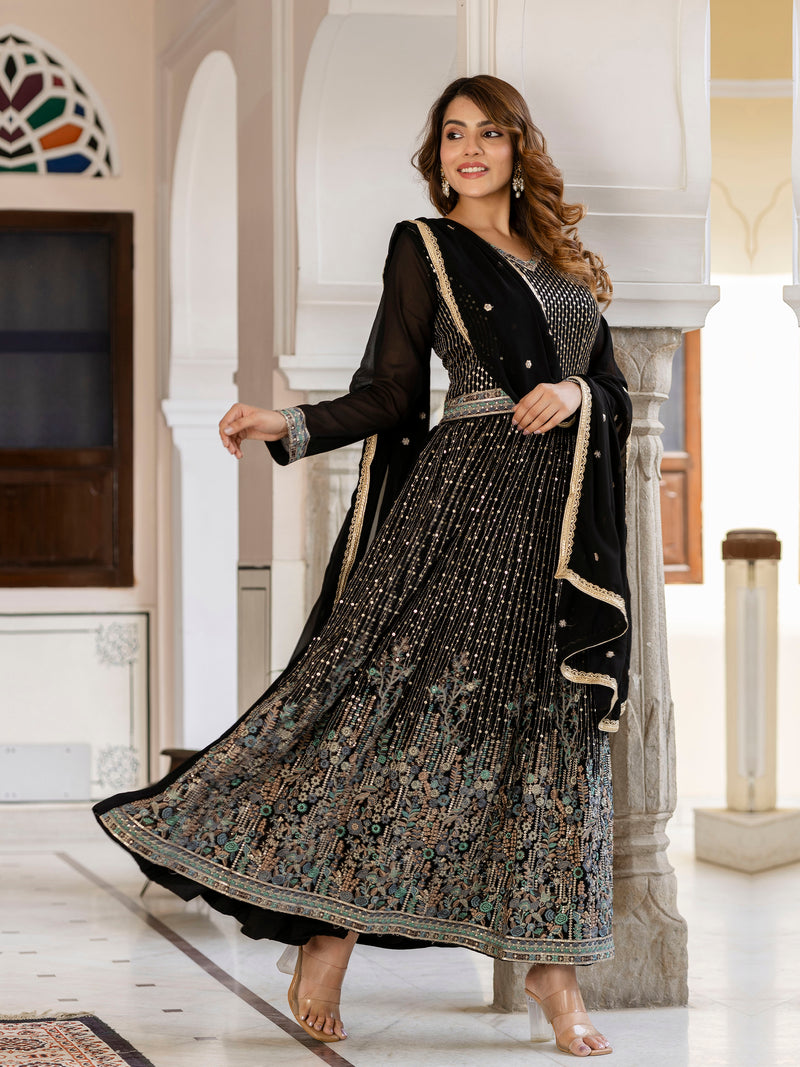 Black Georgette Sequin Embroidery Anarkali Salwar Suit Set for Women's
