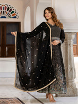 Black Georgette Sequin Embroidery Anarkali Salwar Suit Set for Women's