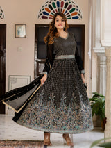 Black Georgette Sequin Embroidery Anarkali Salwar Suit Set for Women's