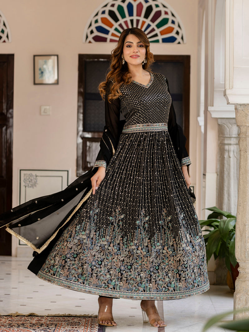 Black Georgette Sequin Embroidery Anarkali Salwar Suit Set for Women's