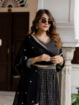 Black Georgette Sequin Embroidery Anarkali Salwar Suit Set for Women's