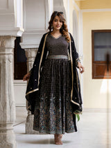 Black Georgette Sequin Embroidery Anarkali Salwar Suit Set for Women's