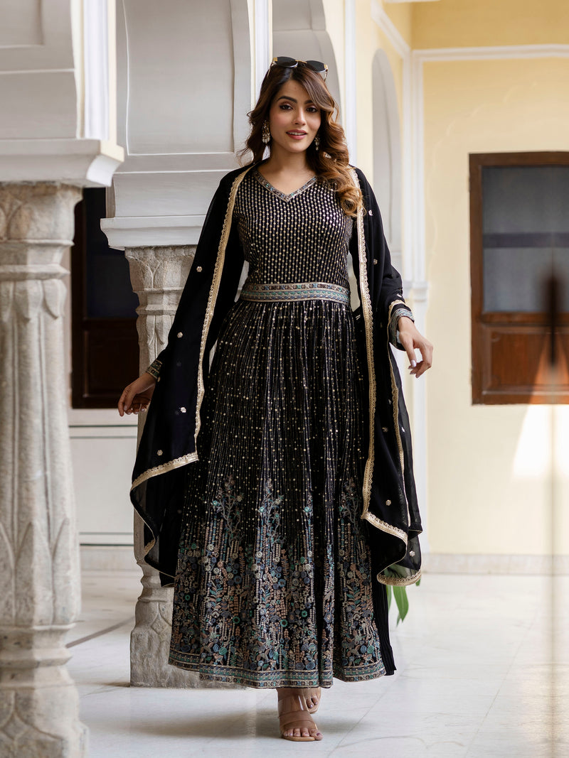Black Georgette Sequin Embroidery Anarkali Salwar Suit Set for Women's