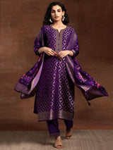 Purple Jaquard Silk Embroidery Stone Work Kurta Pant with Dupatta Trendmalls
