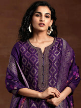 Purple Jaquard Silk Embroidery Stone Work Kurta Pant with Dupatta Trendmalls