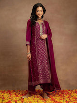 Purple Jaquard Silk Embroidery Sequence Work Kurta Pant Set with Dupatta Salwar Suit Set Trendmalls