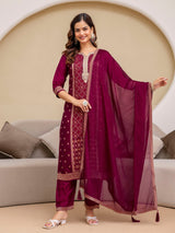 Purple Jaquard Silk Embroidery Sequence Work Kurta Pant Set with Dupatta Salwar Suit Set Trendmalls