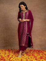 Purple Jaquard Silk Embroidery Sequence Work Kurta Pant Set with Dupatta Salwar Suit Set Trendmalls
