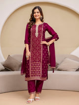 Purple Jaquard Silk Embroidery Sequence Work Kurta Pant Set with Dupatta Salwar Suit Set Trendmalls