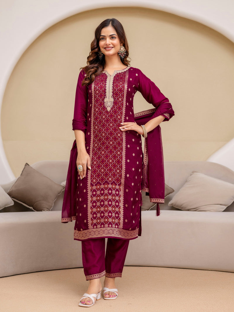 Purple Jaquard Silk Embroidery Sequence Work Kurta Pant Set with Dupatta Salwar Suit Set Trendmalls