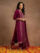 Purple Jaquard Silk Embroidery Sequence Work Kurta Pant Set with Dupatta Salwar Suit Set Trendmalls