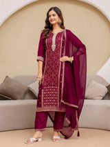 Purple Jaquard Silk Embroidery Sequence Work Kurta Pant Set with Dupatta Salwar Suit Set Trendmalls