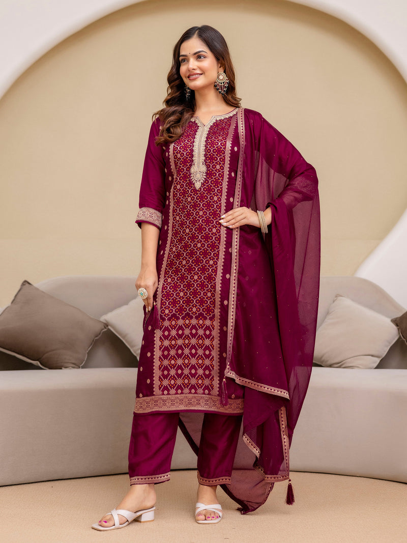 Purple Jaquard Silk Embroidery Sequence Work Kurta Pant Set with Dupatta Salwar Suit Set Trendmalls
