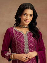 Purple Jaquard Silk Embroidery Sequence Work Kurta Pant Set with Dupatta Salwar Suit Set Trendmalls
