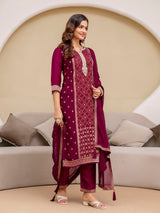 Purple Jaquard Silk Embroidery Sequence Work Kurta Pant Set with Dupatta Salwar Suit Set Trendmalls