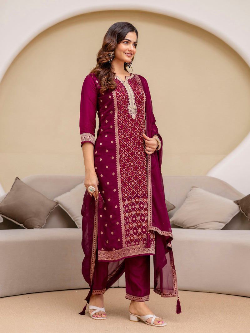 Purple Jaquard Silk Embroidery Sequence Work Kurta Pant Set with Dupatta Salwar Suit Set Trendmalls