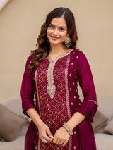 Purple Jaquard Silk Embroidery Sequence Work Kurta Pant Set with Dupatta Salwar Suit Set Trendmalls