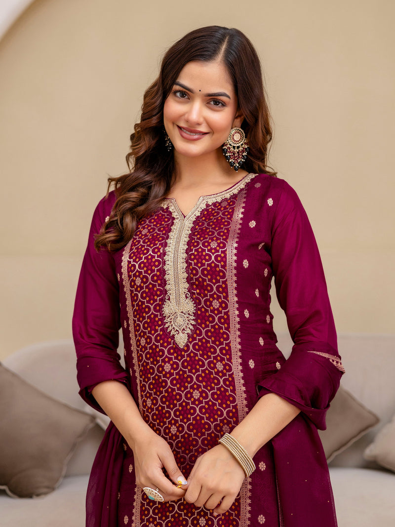 Purple Jaquard Silk Embroidery Sequence Work Kurta Pant Set with Dupatta Salwar Suit Set Trendmalls