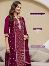 Purple Jaquard Silk Embroidery Sequence Work Kurta Pant Set with Dupatta Salwar Suit Set Trendmalls