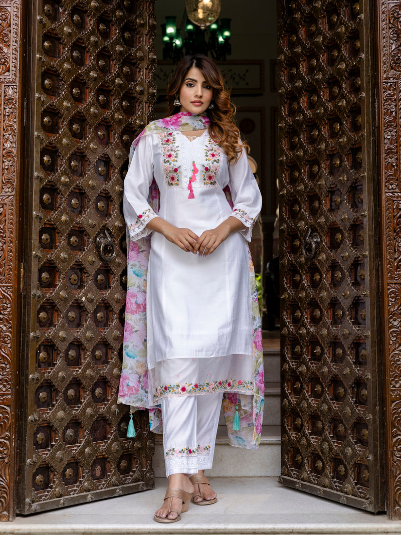 White Viscose Silk Embroidery A-line Salwar Suit Set With Dupatta for Women's