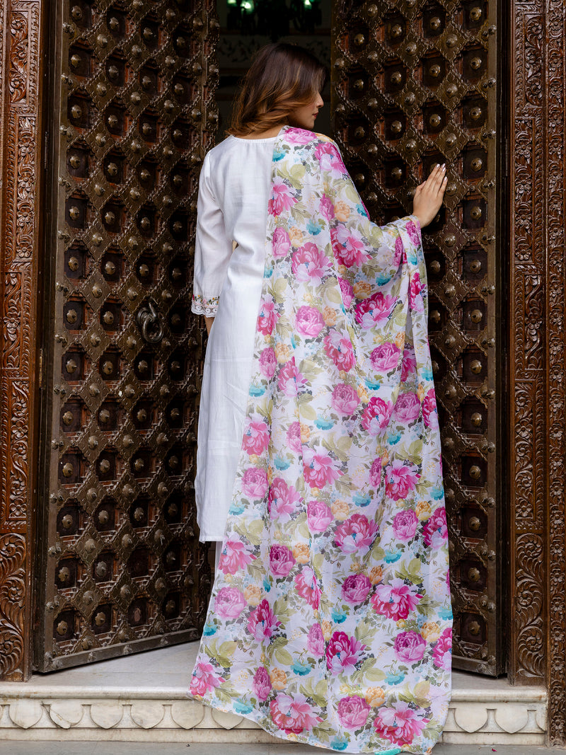 White Viscose Silk Embroidery A-line Salwar Suit Set With Dupatta for Women's