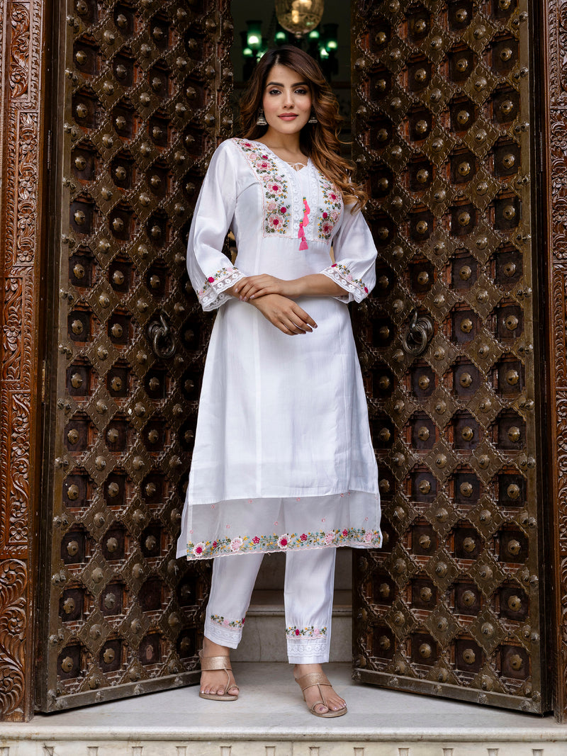 White Viscose Silk Embroidery A-line Salwar Suit Set With Dupatta for Women's
