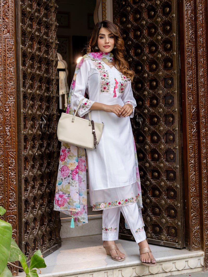 White Viscose Silk Embroidery A-line Salwar Suit Set With Dupatta for Women's