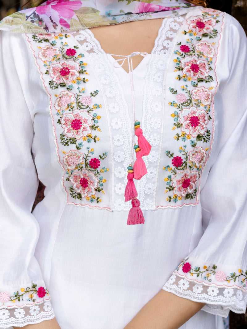 White Viscose Silk Embroidery A-line Salwar Suit Set With Dupatta for Women's
