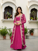 Women's Soft Organza Embroidery Crop Top with Flared Pleated Skirt and Shrug Set
