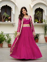 Women's Soft Organza Embroidery Crop Top with Flared Pleated Skirt and Shrug Set