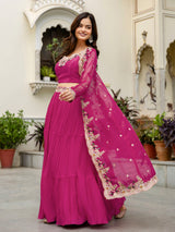 Women's Soft Organza Embroidery Crop Top with Flared Pleated Skirt and Shrug Set