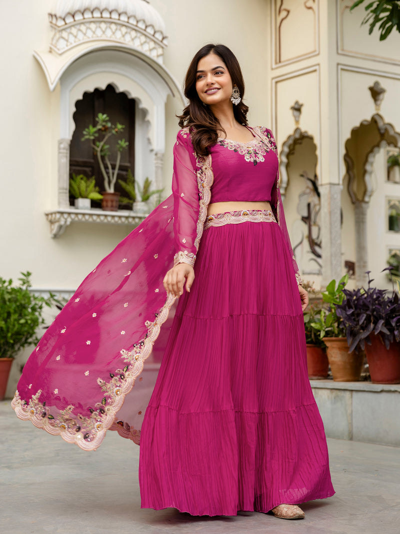 Women's Soft Organza Embroidery Crop Top with Flared Pleated Skirt and Shrug Set